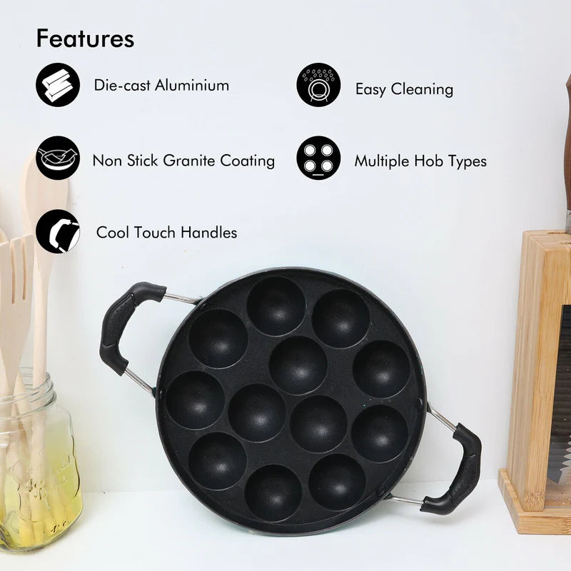 Royalford RF8381 12 Pits Non-Stick Paniyarakkal Appam Pan | 21cm Die-Cast Aluminium |  3-Layer Durable Coating | Heat-Resistant Handles | Suitable For Daily  Use