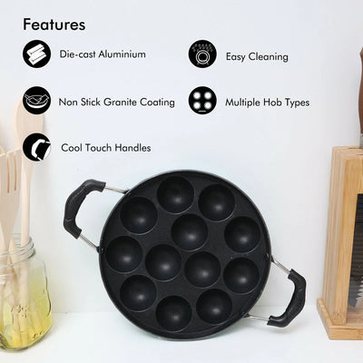Royalford RF8381 12 Pits Non-Stick Paniyarakkal Appam Pan | 21cm Die-Cast Aluminium |  3-Layer Durable Coating | Heat-Resistant Handles | Suitable For Daily  Use
