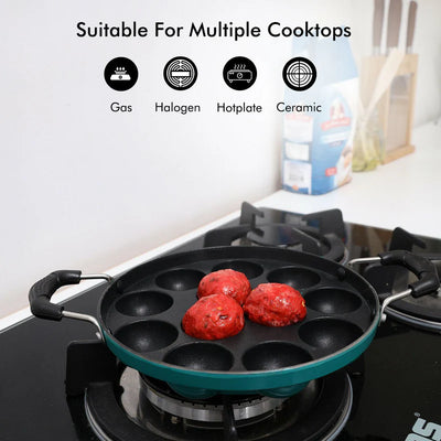 Royalford RF8381 12 Pits Non-Stick Paniyarakkal Appam Pan | 21cm Die-Cast Aluminium |  3-Layer Durable Coating | Heat-Resistant Handles | Suitable For Daily  Use