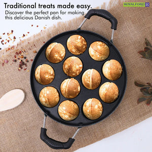 Royalford RF8381 12 Pits Non-Stick Paniyarakkal Appam Pan | 21cm Die-Cast Aluminium |  3-Layer Durable Coating | Heat-Resistant Handles | Suitable For Daily  Use