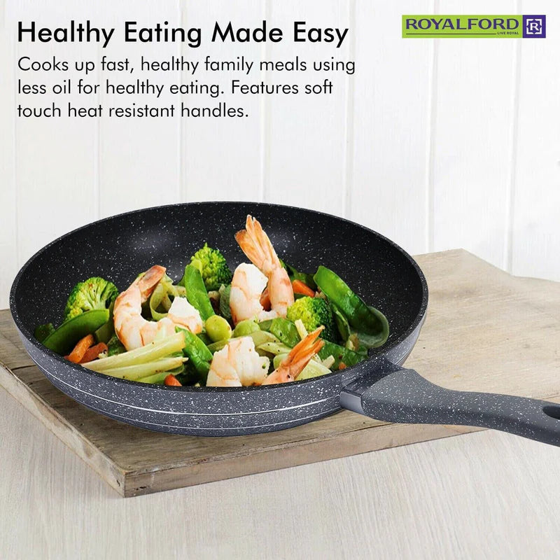Royalford RF9464 Smart Frypan | Durable Marble Coating | 3.8mm Induction Bottom | Forged Aluminium Body & Soft-Touch Handle | PFOA & PTFE Free | Multi Cooktop Compatible
