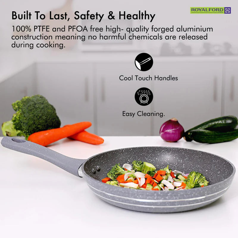 Royalford RF9464 Smart Frypan | Durable Marble Coating | 3.8mm Induction Bottom | Forged Aluminium Body & Soft-Touch Handle | PFOA & PTFE Free | Multi Cooktop Compatible