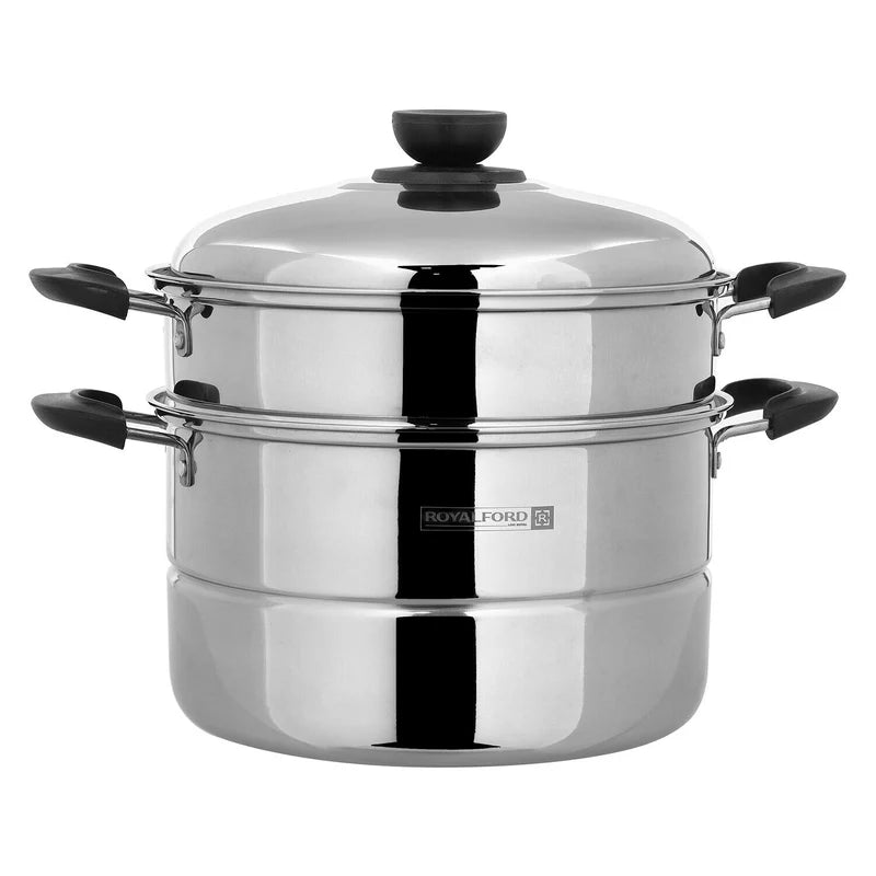 Royalford RF9948 Double Layer Stainless Steel Steamer Pot 7.3L | Premium Mirror-Finish| Multi-Purpose 2-Tier Steamer|Heat-Resistant Handles| Induction Compatible Design