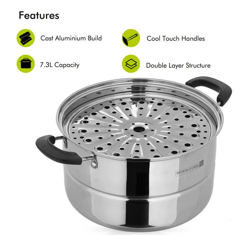 Royalford RF9948 Double Layer Stainless Steel Steamer Pot 7.3L | Premium Mirror-Finish| Multi-Purpose 2-Tier Steamer|Heat-Resistant Handles| Induction Compatible Design