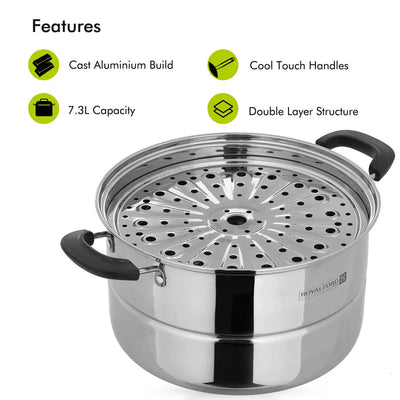 Royalford RF9948 Double Layer Stainless Steel Steamer Pot 7.3L | Premium Mirror-Finish| Multi-Purpose 2-Tier Steamer|Heat-Resistant Handles| Induction Compatible Design