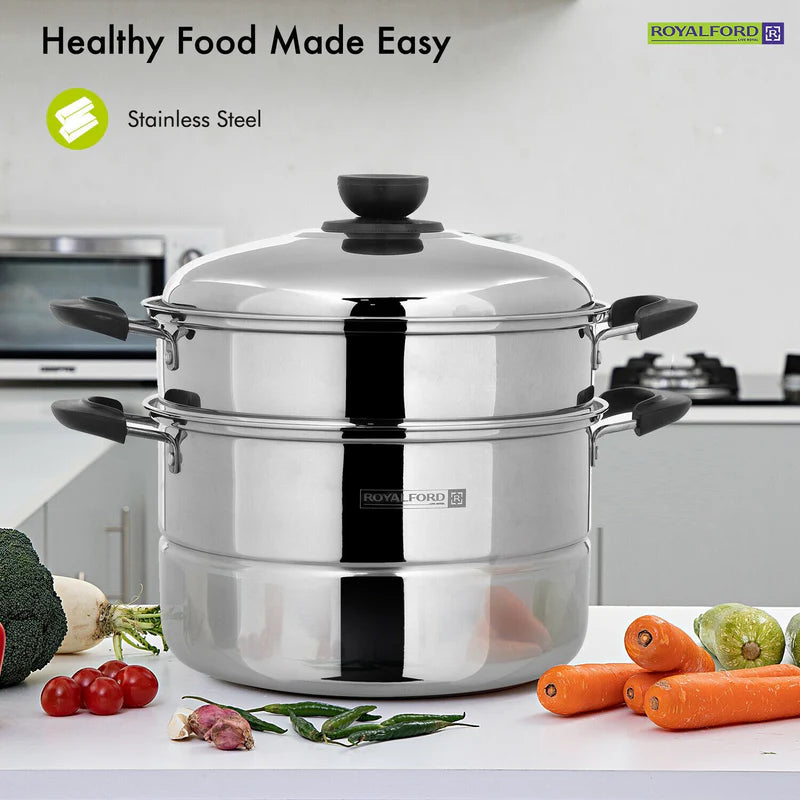 Royalford RF9948 Double Layer Stainless Steel Steamer Pot 7.3L | Premium Mirror-Finish| Multi-Purpose 2-Tier Steamer|Heat-Resistant Handles| Induction Compatible Design