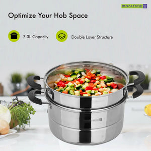 Royalford RF9948 Double Layer Stainless Steel Steamer Pot 7.3L | Premium Mirror-Finish| Multi-Purpose 2-Tier Steamer|Heat-Resistant Handles| Induction Compatible Design