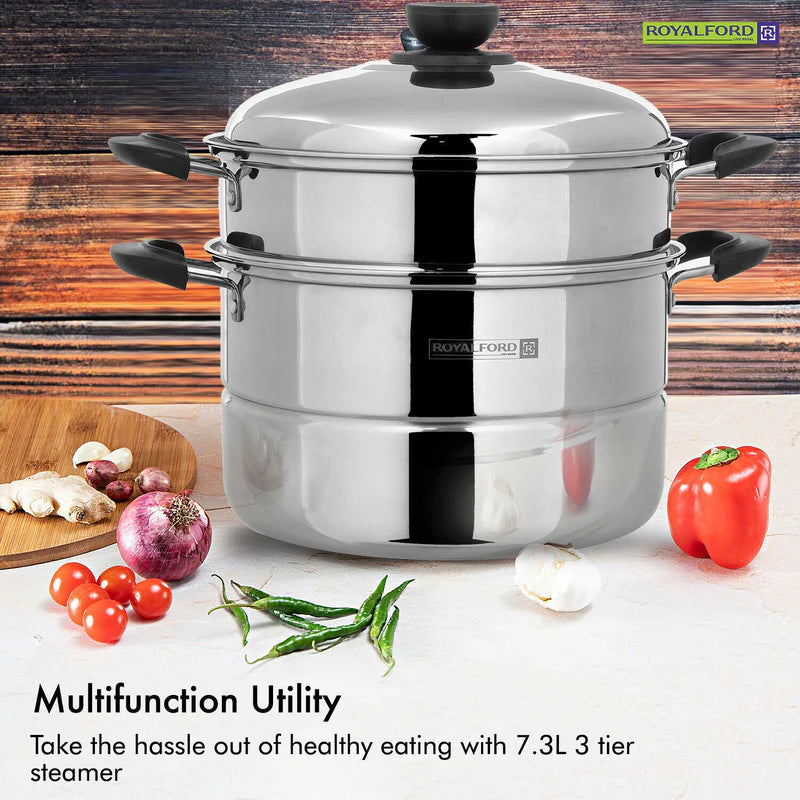 Royalford RF9948 Double Layer Stainless Steel Steamer Pot 7.3L | Premium Mirror-Finish| Multi-Purpose 2-Tier Steamer|Heat-Resistant Handles| Induction Compatible Design