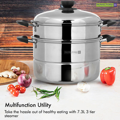 Royalford RF9948 Double Layer Stainless Steel Steamer Pot 7.3L | Premium Mirror-Finish| Multi-Purpose 2-Tier Steamer|Heat-Resistant Handles| Induction Compatible Design