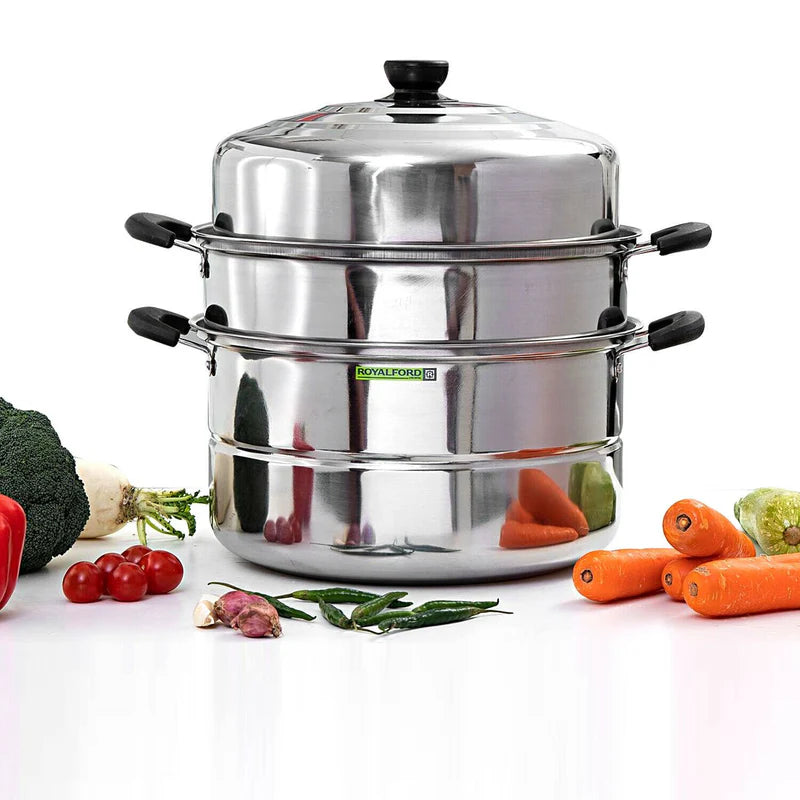 Royalford RF9351 3-Layer Stainless Steel Steamer Pot 9L | Multi-Purpose 30CM Induction-Compatible Cooking Steamer for Efficient| Nutritious Meal Preparation at Home