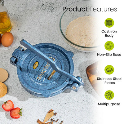 Royalford RF10407 Chapati Press | 18.5cm Heavy Cast Iron Body | Durable Stainless Steel Plate | Perfect for Roti, Poori & Tortilla | Easy Grip Handle | Non-Slip Base