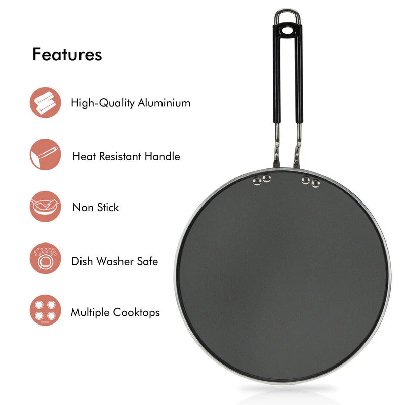 Royalford RF7460 27cm Aluminium Smart Tawa | Non-Stick Coating | Heat Resistant Handle | Low Oil Cooking | Flat Pan for Dosa, Roti , Pancake, Gas & Electric Use