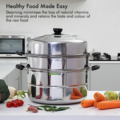 Royalford RF9351 3-Layer Stainless Steel Steamer Pot 9L | Multi-Purpose 30CM Induction-Compatible Cooking Steamer for Efficient| Nutritious Meal Preparation at Home