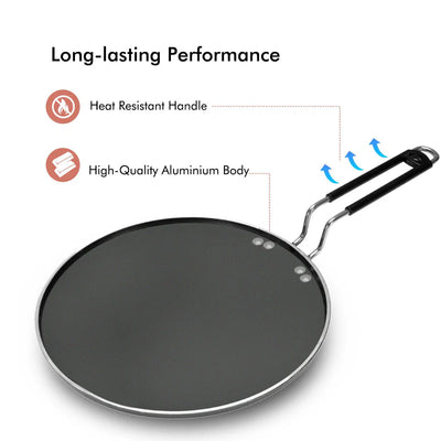 Royalford RF7460 27cm Aluminium Smart Tawa | Non-Stick Coating | Heat Resistant Handle | Low Oil Cooking | Flat Pan for Dosa, Roti , Pancake, Gas & Electric Use