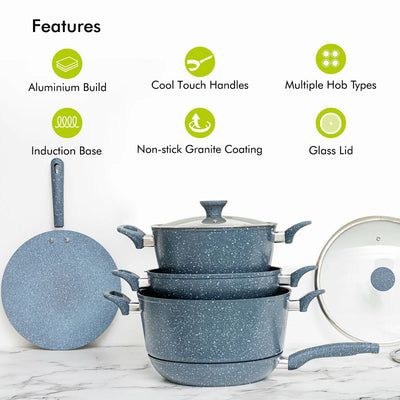 Royalford RF9838GR 10 Pcs Forged Aluminium Cookware Set | Granite Non-Stick | Induction Compatible Base Soft Touch Handles| Tempered Glass Lids for Multi Cooktop Cooking