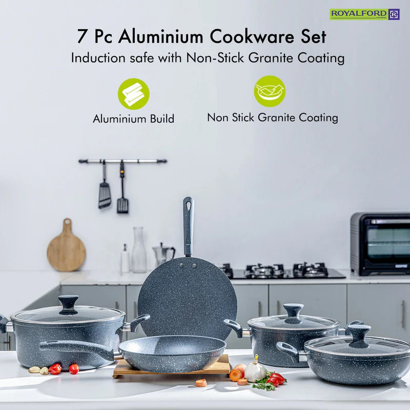 Royalford RF9838GR 10 Pcs Forged Aluminium Cookware Set | Granite Non-Stick | Induction Compatible Base Soft Touch Handles| Tempered Glass Lids for Multi Cooktop Cooking