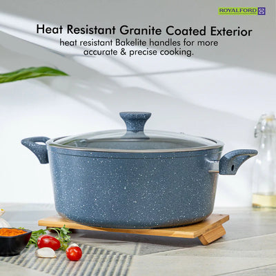 Royalford RF9838GR 10 Pcs Forged Aluminium Cookware Set | Granite Non-Stick | Induction Compatible Base Soft Touch Handles| Tempered Glass Lids for Multi Cooktop Cooking