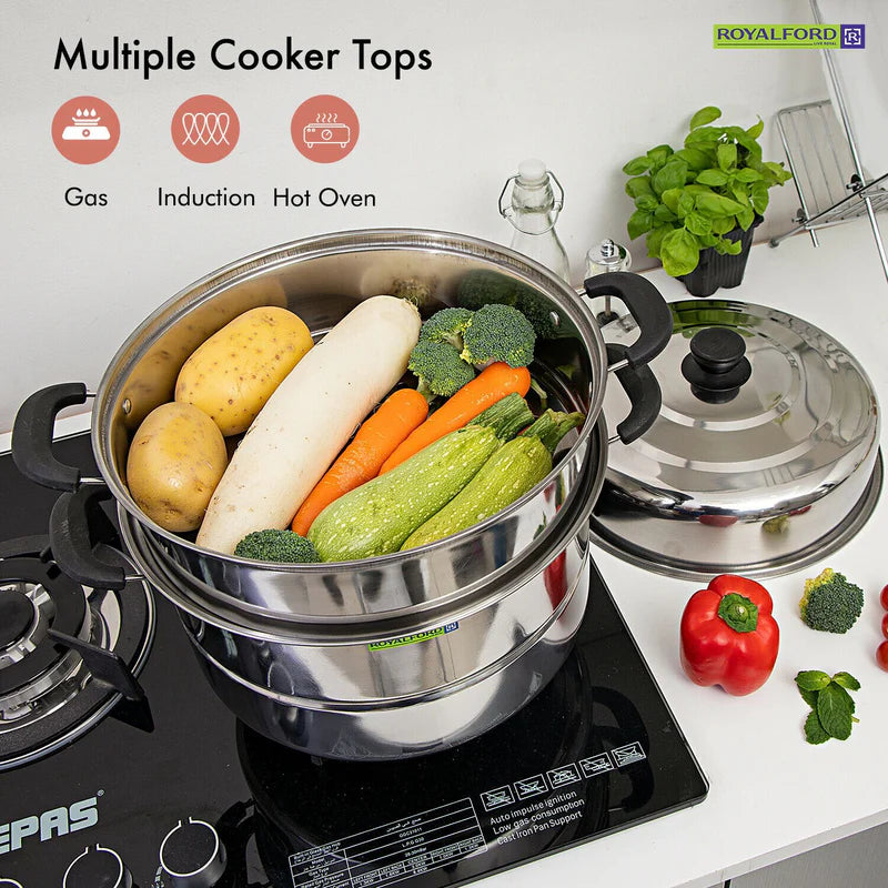 Royalford RF9351 3-Layer Stainless Steel Steamer Pot 9L | Multi-Purpose 30CM Induction-Compatible Cooking Steamer for Efficient| Nutritious Meal Preparation at Home
