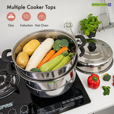Royalford RF9351 3-Layer Stainless Steel Steamer Pot 9L | Multi-Purpose 30CM Induction-Compatible Cooking Steamer for Efficient| Nutritious Meal Preparation at Home