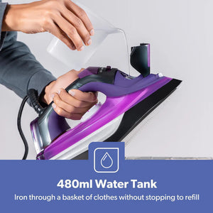 Geepas GSI24025 Ceramic Steam Iron | 3000W Powerful Iron with 480ml Water Tank | Adjustable Steam Control | Burst & Spray Function | Self-Cleaning | 2 Years Warranty