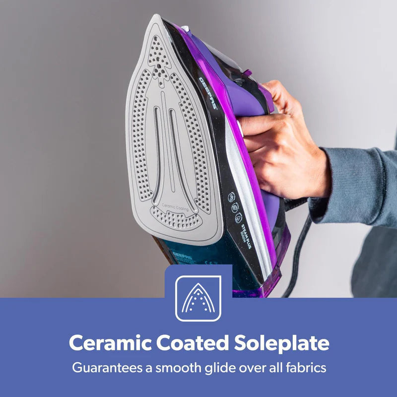 Geepas GSI24025 Ceramic Steam Iron | 3000W Powerful Iron with 480ml Water Tank | Adjustable Steam Control | Burst & Spray Function | Self-Cleaning | 2 Years Warranty