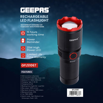Geepas GFL51067 Rechargeable LED Flashlight |3000 Lumens |25W Power Bank Torch | 10000mAh rechargeable Li-ion battery |6063 aluminium alloy body |USB Type-C fast charging