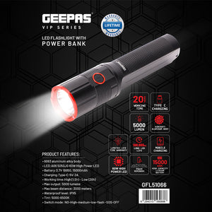 Geepas LED Flashlight with Power Bank Function- GFL51066/ 60W, 5000-6500K, 5000 LM, Perfect for Indoor and Outdoor Use, 20 Hours Continuous Working/ Black