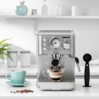 Geepas Espresso and Cappuccino Coffee Machine- GCM1523SS| Die-Cast  Aluminum Boiler and 1.8 L Detachable Water Tank| Makes Cappuccino, Lattes, Espresso| Includes Overheating and Overpressure Protection| Metallic White, 2 Years Warranty