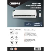 Geepas Split Type Air Conditioner- GACS24035CU, 24000 BTU Capacity, Equipped with Turbo Function and Multiple Flow Speed for Fast Cooling/ with Washable Filter and Golden Fin Technology/ LED Display and Remote Control, Ideal for Home and Office, 1 Year Wa