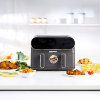 Geepas Digital Air Fryer- GAF37532| 11 L Capacity with 5.5 L Dual Baskets with Separator| With VORTEX Air Frying Technology| Digital Display, Multiple Function, Dehydrate, Keep Warm, Broil, others, 1-60 Min Timer| Ideal for Fries, Steak, Chicken, Cake, Me