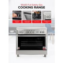 Geepas 90x60 Free Standing Cooking Range-GCR9077FTCST /with Rotisserie Function, Stainless Steel Housing, 5 Gas Burners / Turbo Fan, Auto Ignition with Bake & Grill Function, Full Safety for Hob & Oven /Cast Iron Pan