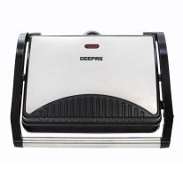 Geepas GGM36501UK Stainless Steel Panini Grill Maker with Non-Stick Plates, Cord-Warp for Storage, Drip Tray, Indicator Lights for Power and Ready - 2 Year Warranty