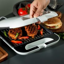 Geepas Grill Maker- GGT36548| Non-Stick Cooking Plates with Overheat Protection| Cool Touch Housing and Handle, Power ON and Ready Indicators| Perfect for Grilling Vegetables, Chicken, Meat, etc| 4 Slice Capacity, 1400 W| White, 2 Years Warranty