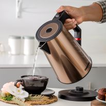 Geepas 1.7 L Three Layer Stainless Steel Electric Kettle- GK38033| 360-Degrees Rotation, Boil Dry Protection and Automatic Cut-Off| Perfect for Boiling Water, Milk, Tea| 1850-2200 W, Seamless Welding| 2 Years Warranty, Metallic brown Color