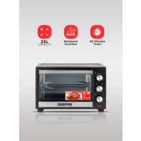 Geepas 25L Electric Oven with Rotisserie Function - GO340040 / with Power Indicator Light, 60 Minutes Timer, and 6 Stages Heating Selector  / 1600 Watts Power, Adjustable Temperature (100-250C) Helps for Baking, Grilling, Toasting, etc./ Black Color