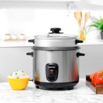 Geepas 1.8 L Multifunctional Rice Cooker- GRC35041| Durable Construction with Removable and Non-Stick Inner Pot with Cool Touch Handle| Includes Cook and Keep Warm Functions, Equipped with Tempered Glass Lid, Rice Spoon, Aluminum Outer Steamer and Measuri