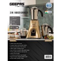 Geepas 3-IN-1 Mixer Grinder- GSB44089| 750W Powerful Copper Motor with Stainless Steel Jars and Blades, Hi Gloss ABS Plastic Body
