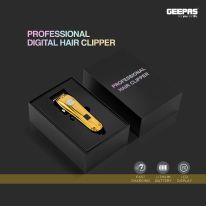 Geepas Professional Digital Hair Clipper- GTR57502| Hair Clipper with High Capacity Li-ion Battery and Fast Charging| 4 Adjustable Cutting Blades and 4 Separate Combs| LCD Display, Perfect for Home and Saloon Styling| 2 Years Warranty, Golden