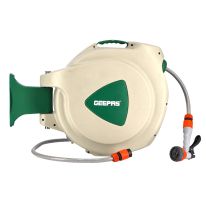 Geepas GWH59057 10M 1/2" Auto-Retracting Water Hose Reel with Level Track, Swivel Mounting Bracket, Full Set of Hand Sprays and Hose Fittings