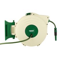 Geepas 20 M Auto Rewind Hose Reel- GWH59378| Stop Anywhere Lock Mechanism and Auto Retract Hose Reel| 180-Degrees Swivel Mount Bracket with Full Set Hand Spray and Hose Settings for Gardening| " Hose Diameter| 2 Years Warranty, White and Green