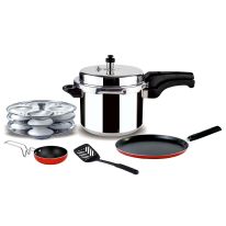5-in-1 Pressure Cooker Combo Pack,5L Aluminium Cooker,RF10015 - Premium Quality Material, Combo Pack With Dosa Tawa, Idly Stand, Vagaria & Nylon Slotted Turner - Uniform Heating, Time &Energy Saving