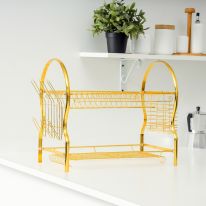 2-Layer Goldy Dish Rack, Convenient Moving, RF10150 | Durable Gold Finish Iron Construction | Holds 17 Plates | Cutlery, Glass/Cup Holder | Compact Design | Attached PP Drain Board