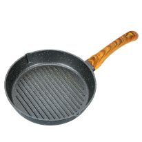 Round Grill Pan, Granite Coated Die-Cast Aluminium, RF10765 | 2 Pouring Spouts | 24cm Non-Stick Cookware Fry Pan | Strong Wood-finish Bakelite Handle | 4mm Thickness