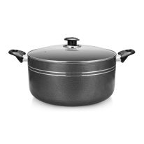 Royalford Aluminum Casserole- RF11195| Non-Stick Aluminum Cookware| Dot Induction Base| Compatible with Hot Plate, Halogen, Gas and Induction Cooktops| 20cm| 3mm Thickness and Strong Bakelite Handles and Knob| Tempered Glass Lid| Black| One-Piece