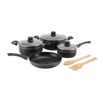 Royalford Ritz 9-Piece Non-Stick Cookware Set- RF11759| Aluminum Body With 3-Layer Construction, CD Bottom, Bakelite Handles And Glass Lid| Includes Casserole, Saucepan, Fry Pan, Bamboo Kitchen Tools| PFOA-Free, Non-Stick Interior and Granite Exterior| Bl