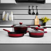 Royalford 7-Piece Die-Cast Cookware Set- RF11775| Includes Deep Pots, Short Pots, Frypan| Die-Cast Aluminum Body with Extra Thick Base and Non-Stick Interior| Extended Handles with Silicone Sleeve and Bakelite Handles and Glass Lid| Golden and Black