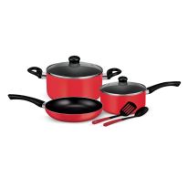Royalford 7-Piece Non-Stick Press Aluminum Cookware Set- RF11952| Aluminum Body With 3-Layer Non-Stick Coating, CD Bottom, Bakelite Handles And Glass Lid| Includes Casserole, Saucepan, Fry Pan, Nylon Kitchen Tools| PFOA-Free, Non-Stick Interior| Red