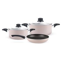 Royalford 5 Piece Non-Stick Cookware Set- RF11973| Press Aluminum Body with 3 Layer Coating | CD Base, Bakelite Handles and Tempered Glass Lid| Includes Casseroles and Fry Pan| Pink