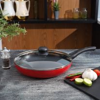 Royalford 26 CM Aluminum Fry Pan- RF11977| With Tempered Glass Lid, Strong Aluminum Body With Non-Stick Coating And Bakelite Handle| Compatible With Hot Plate, Halogen, Ceramic And Gas Stovetops| Perfect For Frying, Sauting, Tempering| Red