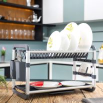 Royalford 2 layer Aluminum Dish Rack- RF12179/ Organizer for Kitchen to Keep 21 Plates, Bowls, Glasses, Cups, Cutlery/ Drying Stand with a Drain Tray, Compact and Stylish Design/ Rust-Proof and Hassle-Free Finish/ Black and Silver